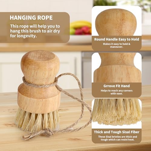 12 Pcs Bamboo Dish Brush, Wooden Bamboo, Sisal Bristles - Image 3