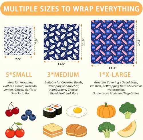 Reusable Beeswax Wraps, Blue & White Bread Bakery Wraps, 9 Pack Eco-Friendly Food Covers, Organic, Sustainable, Zero Waste, Plastic-Free, For Sandwich, Snack, Bowl, 1XL, 3M, 5S - Image 2
