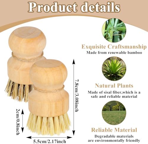 8 Packs Bamboo Dish Scrub Brushes Natural Palm Wooden Scrubbers Set Kitchen Dishwashing Scrubber with Natural Sisal Bristles for Iron Pot Pan Sink (Round) - Image 2