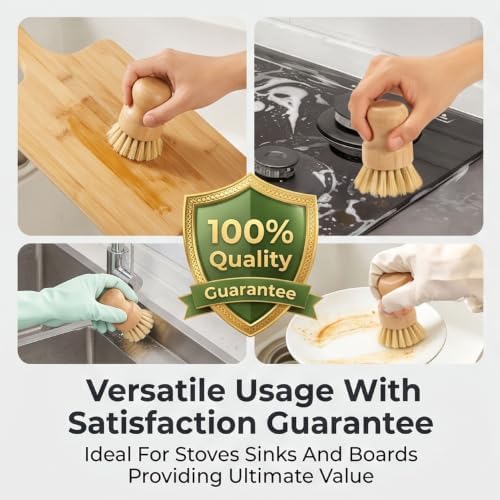 Bamboo Dish Brush Set, Natural Sisal Scrubber for Pots Pans Dishes with Tray, Eco Friendly Kitchen Brush 3 Pack - Image 3