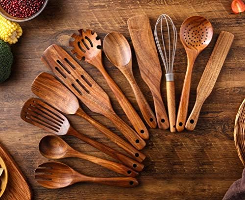 Wooden Kitchen Utensils Set, 11 Pcs Teak Wood Cooking Utensils Spoons Spatulas Spurtles Kit Non-stick Natural Kitchen Tools for Cooking - Image 3