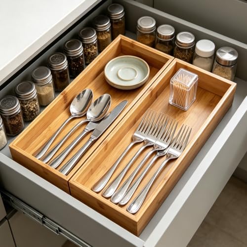 Kitchen Bamboo Drawer Organizer Set of 2, Large Wide Stackable Drawer Organizer for Silverware, Utensils, Cutlery, Flatware, Junk Drawer, Dresser, Bathroom, 17" x 6" x 2" - Image 2