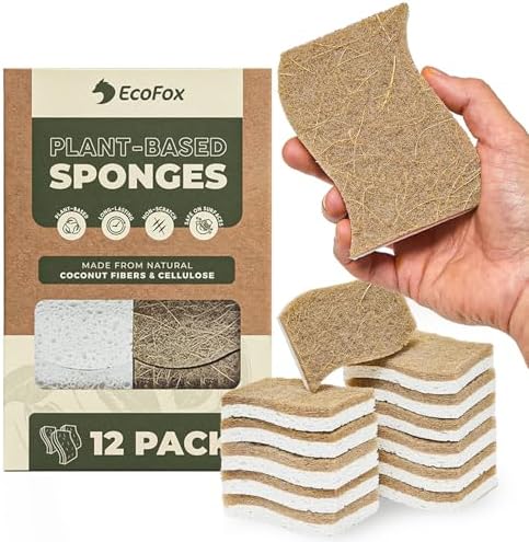 Plant-Based Kitchen Sponges (12 Pack) | USDA Biobased Certified | FSC & PETA Approved | Natural Cellulose & Coconut Scrubber Sponge | S-Shaped Design | Eco-Friendly, Non-Scratch, Non-Toxic & Vegan by EcoFox