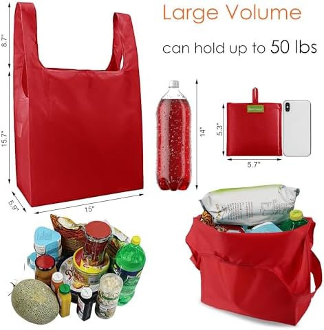 BeeGreen Christmas Red Reusable Grocery Bags Wholesale Red Reusable Kitchen Bags Bulk Foldable-Machine Washable with Zipper Storage Pouch 50 Packs - Image 3
