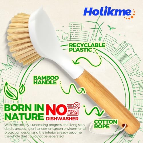 Holikme 3 Pack Dish Brush with Bamboo Handle Cleaning Brush,White Black - Image 5