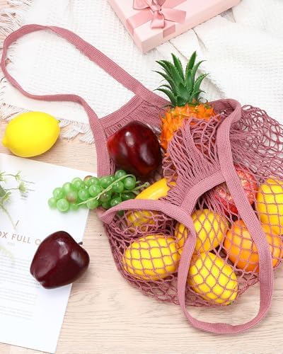 Eccliy 12Pcs Reusable Cotton Mesh Grocery Bag with Handle, Dark Pink, 10 in - Image 2