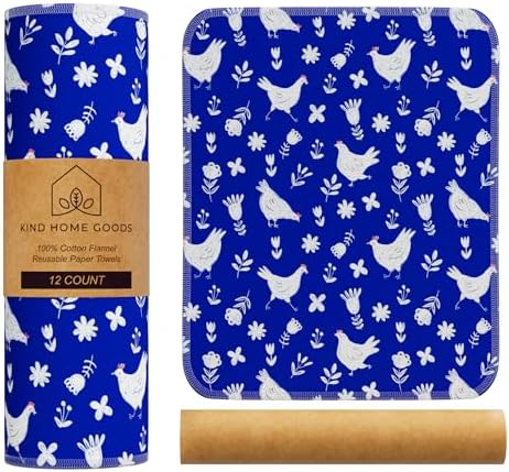 Reusable Paper Towels (12"x10”) - Soft Absorbent 100% Washable Paper Towels - Reusable Paper Towels Washable w/Cardboard Roll - Reusable Napkins (Chickens, 12x10inch) by KindHomeGoods