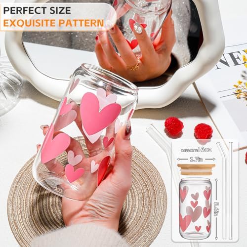 DWTS DANWEITESI Glass Cups with Lids and Straws with Design Pink Hearts 4 pcs,Clear Glass Cups 16 oz-Glass Tumbler,Cute Glass Iced Coffee Cups with Lids and Straws 480ml - Image 2