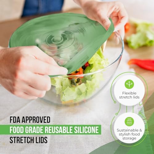 Reusable Silicone Stretch Lids for Food Storage in Fridge - Elastic Heat-Resistant Bowl Covers, Cups, Cans, Jars - Universal Food Grade Lid for Containers - 7 Pack - Light Green Stretchy Lid Set - Image 3
