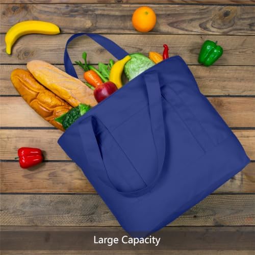 TOPDesign 3-Pack Canvas Tote Bags with an External Pocket, Reusable Grocery Shopping Bags, Top Zipper Closure, Daily Essentials (Blue) - Image 3