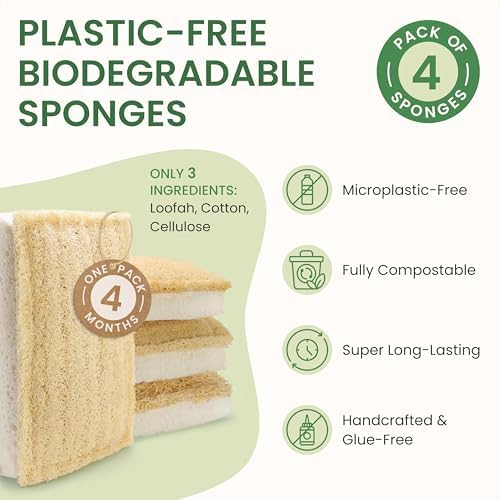 Natural Kitchen Sponges – Eco-Friendly, Compostable Dish Sponges – Loofah & Cellulose Scrubbers – Plastic-Free, Zero-Waste, Biodegradable – Durable, Non-Scratch – Pack of 4 - Image 2