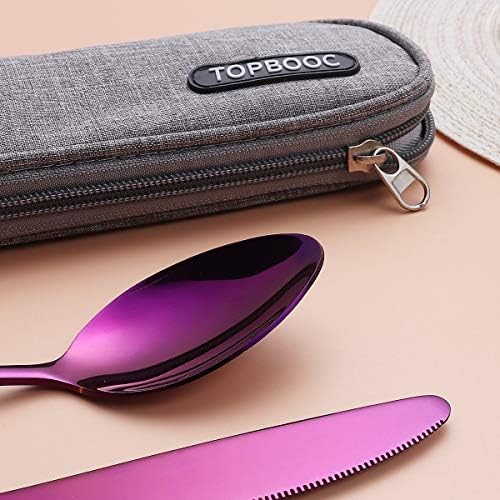 8-Piece Portable Stainless Steel Flatware Set, Travel Camping Cutlery Set with Purple Waterproof Case - Image 4