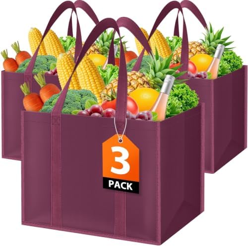 WISELIFE Reusable Grocery Bags, Foldable, Lasting Use, 35L, 3 Pack, Claret by WiseLife