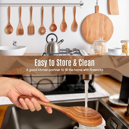 7 PCS Wooden Spoons for Cooking Natural Teak Kitchen Utensils Set - Image 4