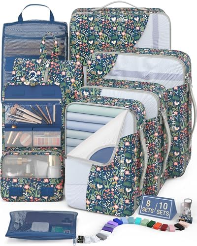 OlarHike Packing Cubes for Travel,Gifts for Women Mom,Anti-Tearing Suitcase Organizer for Luggage with Shoe & Hanging Toiletry Bag,Vacation Essentials,8 Set,Dark Blue Floral by OlarHike