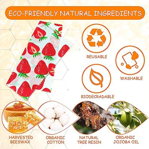 Reusable Beeswax Wrap, 11 Pack Eco-Friendly Beeswax Wraps For Food, Organic, Sustainable, Biodegradable, Zero Waste, Plastic-Free Food Storage, 1L Avocado, 2M Cherry, 4S Strawberry, 4XS Lemon Patterns - Image 2
