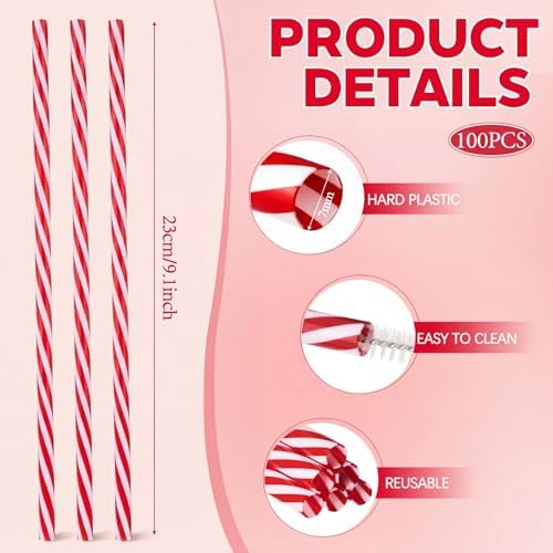 Honeydak 100 Pcs Reusable Plastic Straws Bulk,Red and White Stripe - Image 2