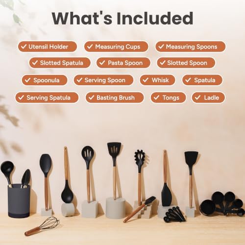 SMIRLY Silicone Kitchen Utensils Set, 22-Piece Acacia Wood Handle, Black - Image 2