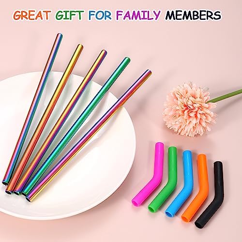Lazycorner Reusable Stainless Steel Straws Metal Straw with Silicone Tip 5 Pcs 8mm Wide for 20/30/32oz Tumblers Smoothies and Shakes with 2 Cleaning Brushes,1 Portable Bag (Rainbow) - Image 6