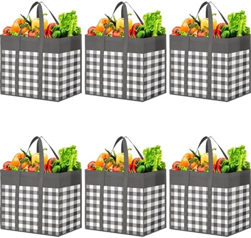 WOWBOX Reusable Grocery Bags,6-Pack, Foldable Reusable Shopping Tote Bags bulk with Reinforced Handles,Large Storage Bags with Water Resistant Coating for Groceries,Multipurpose,Grey-White by WOWBOX