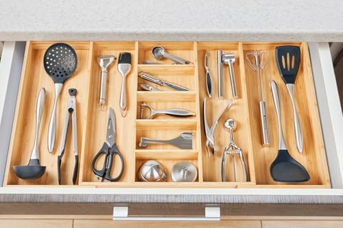 Umilife Extra Large Expandable Kitchen Drawer Organizer for Utensil and Junk, 19" Deep for Big Drawer, 19" to 33" Adjustable Bamboo Wood Drawer Divider, Cutlery Tray, Flatware Holder - Image 6