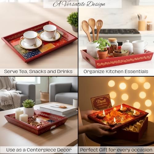 Swadeshi Blessings Hand-Painted Wooden Serving Tray Set of 3, Antique Red - Image 5