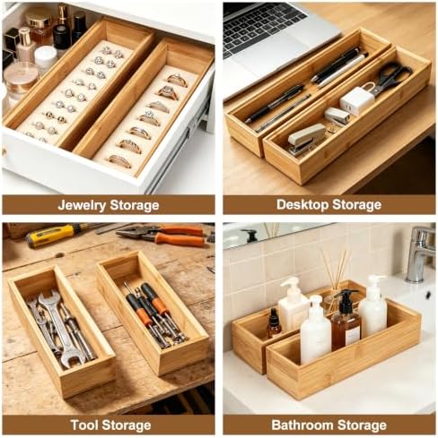 Kitchen Bamboo Drawer Organizer Set of 2, Small Narrow Stackable Drawer Organizer for Silverware, Utensils, Cutlery, Flatware, Junk Drawer, Dresser, Bathroom, 12" x 3" x 2" - Image 7