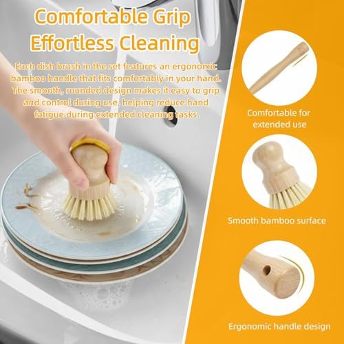Natural Bamboo Dish Brush Set - 6 PCS Kitchen Cleaning Brush Kit with 4 Utensil Brushes and 2 Coconut Fiber Dish Sponges, for Cleaning Pots, Pans, Dishes, Bottles, Vegetables, and Fruits - Image 2