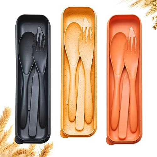 Reusable Travel Utensils Set with Case, 3 Sets Wheat Straw Portable Knife Fork Spoons Cutlery, Eco-Friendly BPA Free Plastic Tableware for Kids Adults Travel Picnic Camping Utensils by YDYTOP