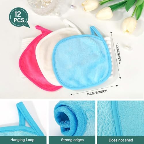 12 Pack Makeup Remover Cloth, 6" x 6" Reusable Makeup Remover Towels Face Washcloth for Washing Face, Makeup Remover Pads Cosmetic Face Wash (Pink-White-Blue) - Image 3
