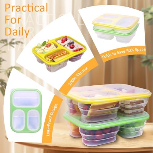 2 Pack Big Collapsible Full Silicone Bento Lunch Boxes With Lids, 3 Compartments, 45.6oz, Clear Divided Lunch Food Storage Containers, Safe in Microwave, Dishwasher and Freezer, BPA Free - Image 4