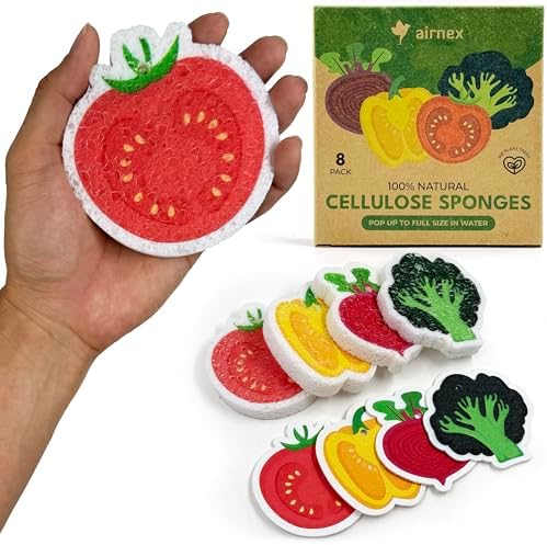 AIRNEX Biodegradable Cellulose Compressed Sponges Bulk - Vegetable Shaped Kitchen Pack of 8 - Eco Friendly, Odor Free, Natural, Pop Up Compostable Scrubbers for Washing Dishes by Airnex