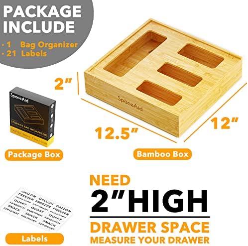SpaceAid Bag Storage Organizer for Kitchen Drawer, Bamboo Organizer, Compatible with Gallon, Quart, Sandwich and Snack Variety Size Bag (1 Box 4 Slots, Natural, 2" High) - Image 3