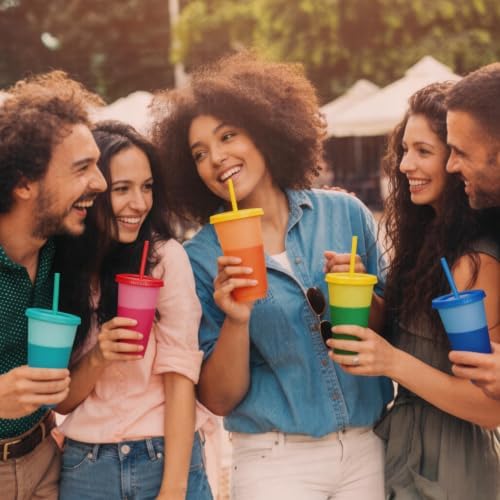 Color Changing Cups, 9 Pack 24oz Plastic Tumblers, Reusable Iced Coffee & Smoothie Cups with Lids and Straws for Parties and Travel (Colors, 9 Packs) - Image 6