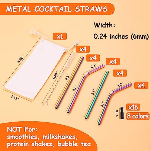 Lazycorner 16 Pcs Short Metal Straw, 6mm 5.5" 6.5" Kids Reusable Straw Silicone Tips Cleaner, Mini Small Stainless Steel Straws Fit 8 10 12 oz Tumbler/Wine Tumblers, Reusable Cocktail Straws(Rainbow) - Image 2