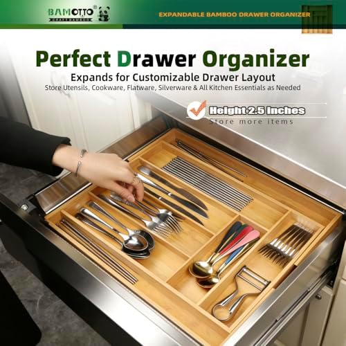 BAMOTTO CRAFTBAMBOO Expandable Bamboo Drawer Organizer for Kitchen, 8 Slot - Image 4