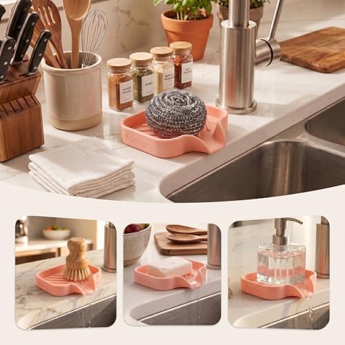 MicoYang Silicone Soap Dish with Drain Spout, Self-Draining Sink Organizer Tray for Bathroom and Kitchen, Sponges, Dispensers and Soap Holder, Non-Slip and Dishwasher Safe, Pink (Compact, 4.9"×3.2") - Image 3