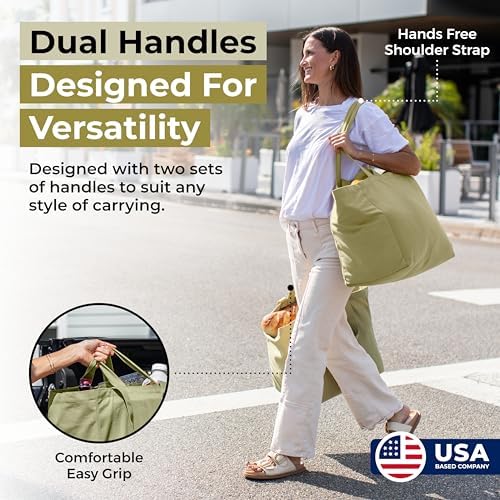 VeraMia Canvas Grocery Bag 3pc XL Set with Real Pockets, Long Shoulder Strap and Short Handle. Heavy Duty, Foldable, Washable - Image 3