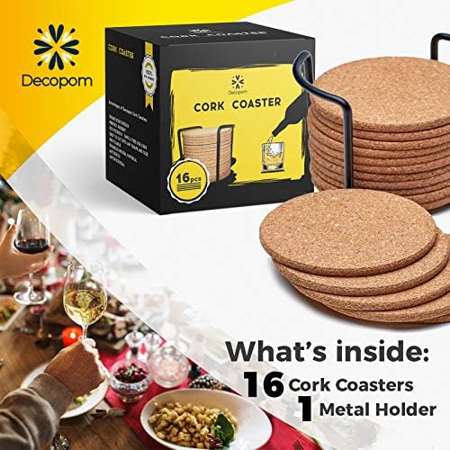 Cork Coasters for Drinks with Metal Holder - 16 Pcs Round 4 inch Drink Coaster Thick Absorbent Heat-Resistant Saucer - Used for Cold Hot Beverages Glasses Mugs Cups Plants Apartment Decor Bar Table - Image 2