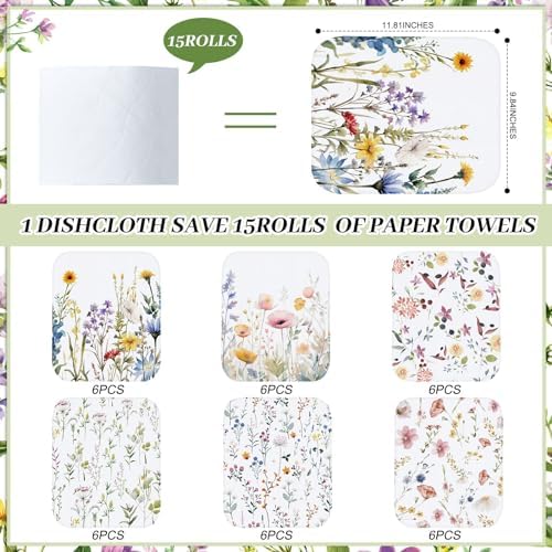 36 Pack Reusable Kitchen Cloths Cotton Towels, Wildflowers - Image 3