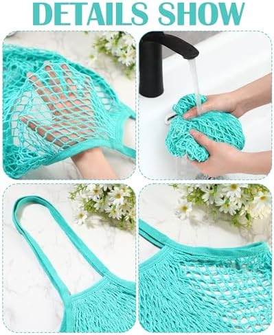 Eccliy 12Pcs Reusable Cotton Mesh Grocery Bag with Handle, Teal, 10 in - Image 2