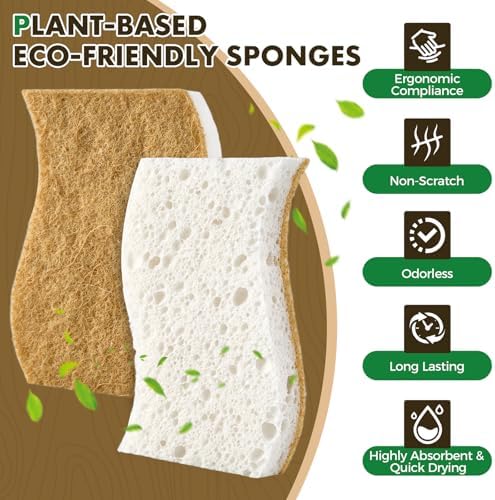 COBETE 12 Pack Natural Biodegradable Kitchen Non Scratch Sponges,Compostable Plant Based Coconut Cellulose Sponge,Eco Friendly Reusable Dish Scrubber Sponge for Pots, Pans & Household Cleaning - Image 3