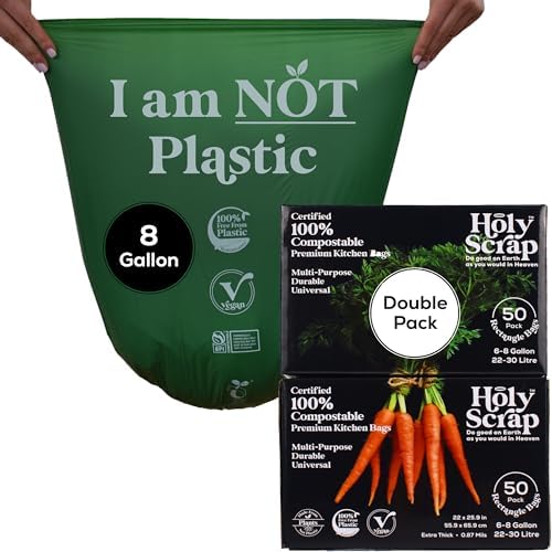 Medium Compostable Trash Bags - 6-8 Gallon, 100 Pack | Odorless, Plastic-Free & Decomposing Kitchen, Bathroom & Countertop Garbage Bag & Liners | Thick Bin Bags for Green & Food Waste by HolyScrap