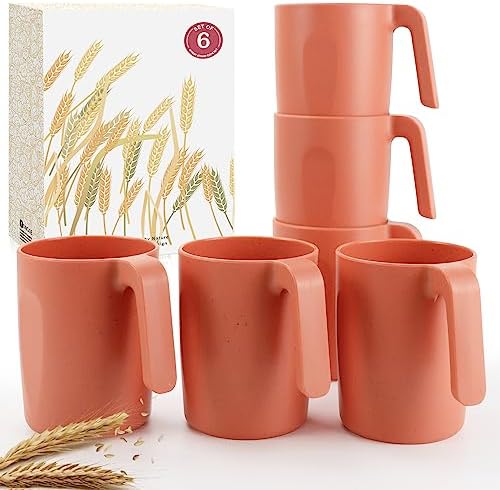 Wrova 16oz Wheat Straw Cups with handles set of 6-Plastic Cups Reusable-Unbreakable Kids Mugs-Dishwasher Safe & Microwave Safe-Ideal Plastic Mugs for Tea,Coffee,Camping,RV-Orange by WROVA