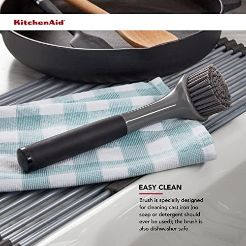Kitchenaid Cast Iron Sink Brush to Preserve Seasoning on Cast Iron and Grills, Nylon Bristles and Soft Touch Handle for Optimal Control, Dishwasher Safe, Black and Gray - Image 5