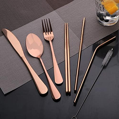 Travel Utensils Set with Case Reusable Portable Cutlery Set Stainless Steel 8pcs Including Dinner Knife Fork Spoon Chopsticks straws(Rose Gold) - Image 2