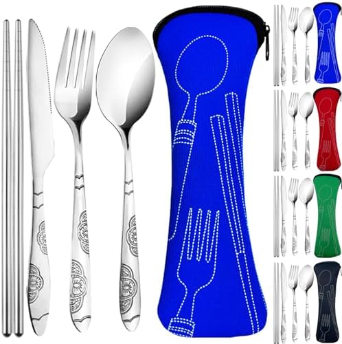 20PCS Premium Travel Utensils With Case, Stainless Steel Reusable Portable Utensils Set With Case, Lengnoyp Travel Silverware Set With Case for Lunch Box Camping, Silver by lengnoyp