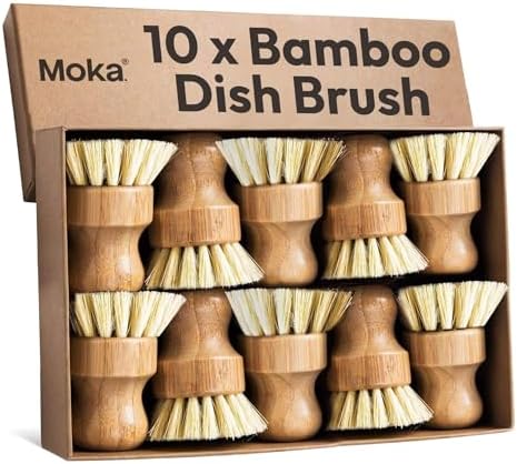 Moka Bamboo Dish Brush - Eco Friendly Scrub Brush with Natural Bristle - Premium Bamboo Dish Scrubber for Kitchen Cleaning, Dishes, Pots, and Pans - Sustainable and Durable (10 Pack) by Unknown