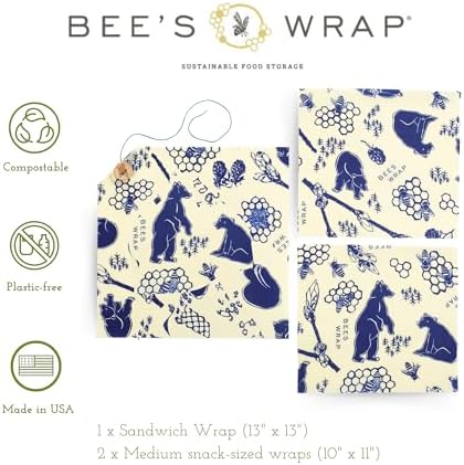 Bee's Wrap Beeswax Food Wraps, 2 Medium & Sandwich Pack - Bees & Bears - Image 2