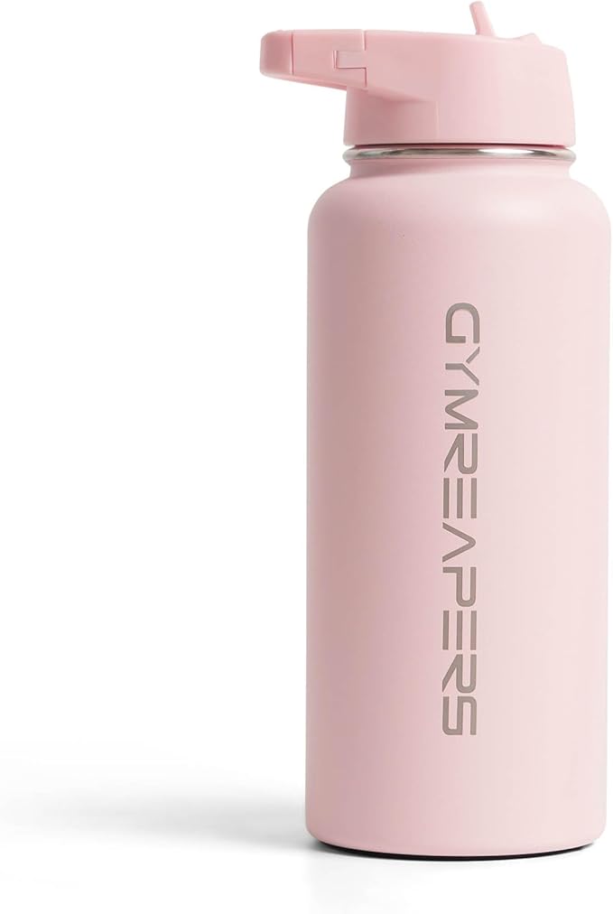 Gymreapers Insulated Water Bottle - Stainless Steel 32 Oz, 3 lids (Straw, Chug, Canteen), Double Walled Vacuum Insulation, Thermo Mug Cold Hot - Durable Powder Coated Finish